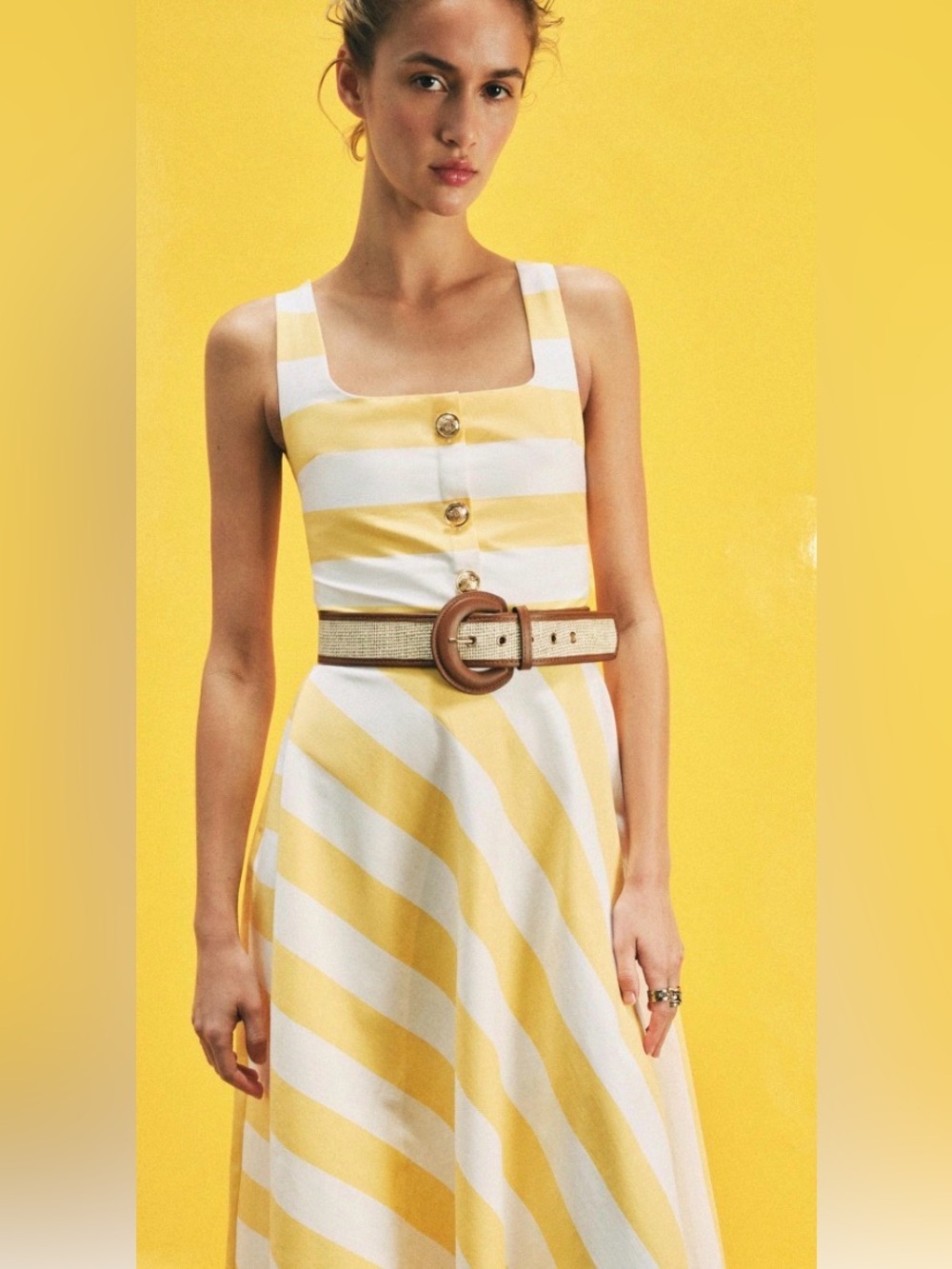 Zara Striped Belted Midi Dress Size L